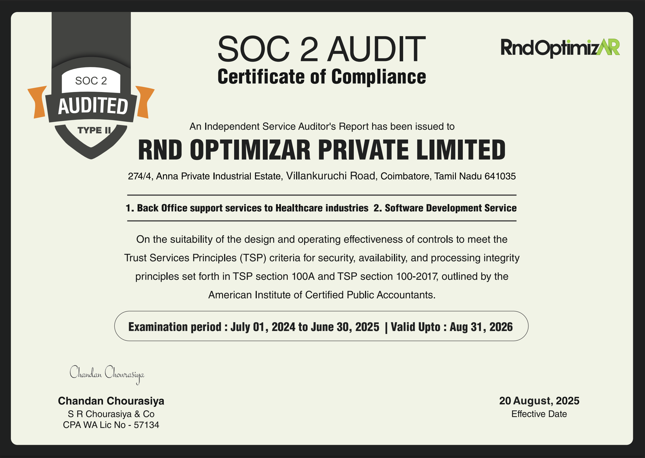 SOC 2 AUDIT Certificate